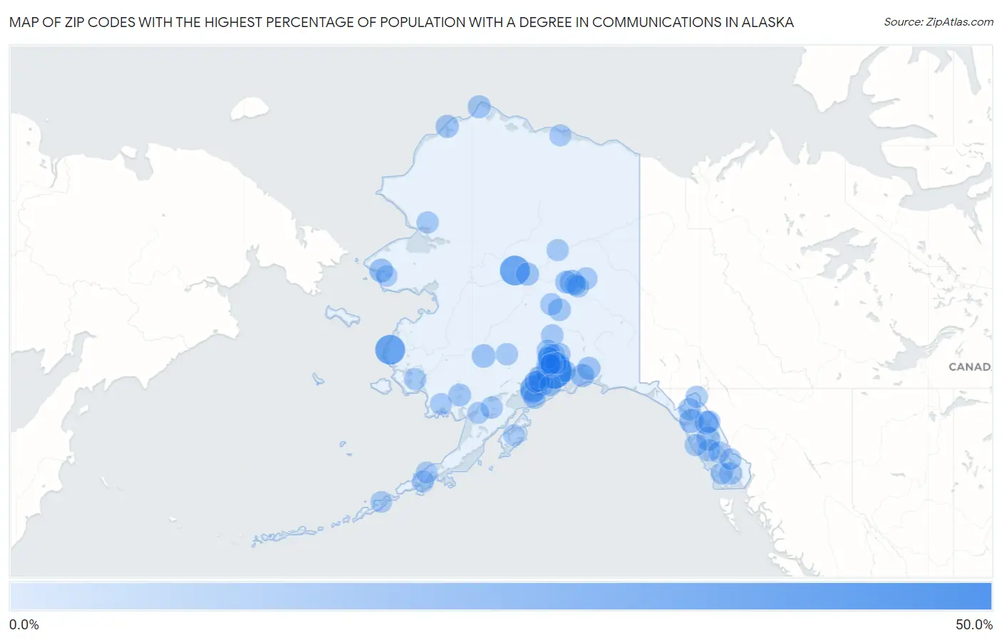 Zip Codes with the Highest Percentage of Population with a Degree in Communications in Alaska Map
