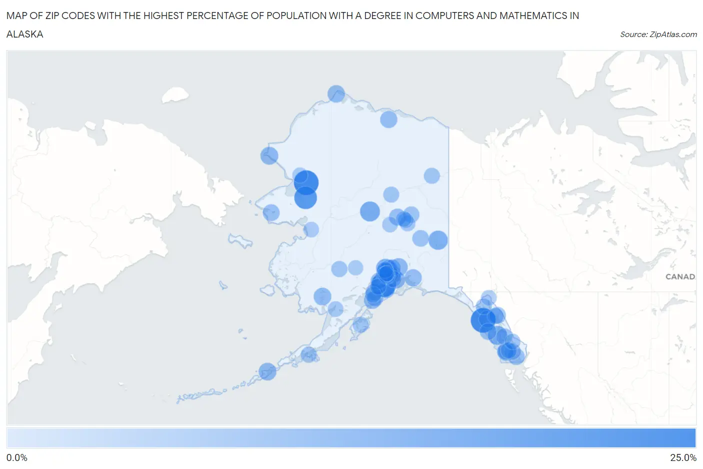 Zip Codes with the Highest Percentage of Population with a Degree in Computers and Mathematics in Alaska Map