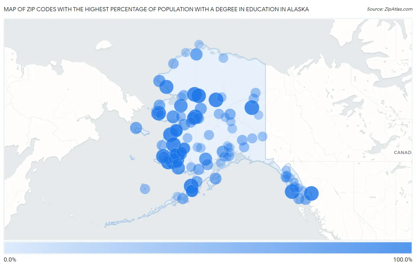 Zip Codes with the Highest Percentage of Population with a Degree in Education in Alaska Map