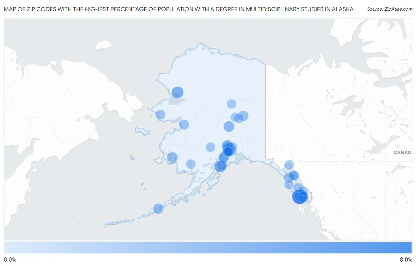 Zip Codes with the Highest Percentage of Population with a Degree in Multidisciplinary Studies in Alaska Map