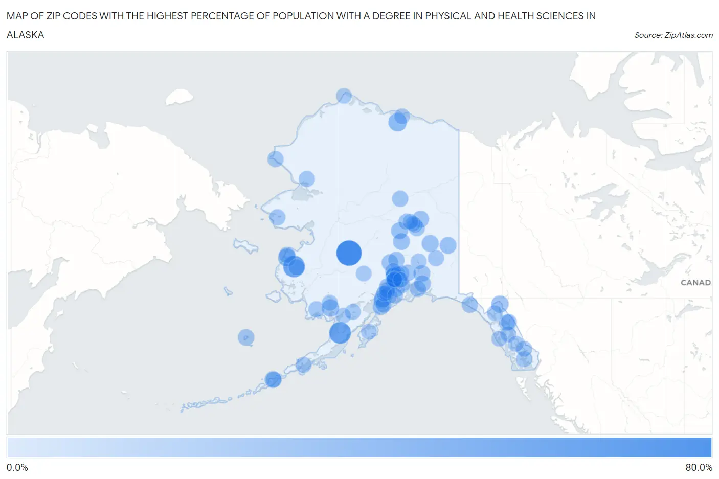 Zip Codes with the Highest Percentage of Population with a Degree in Physical and Health Sciences in Alaska Map