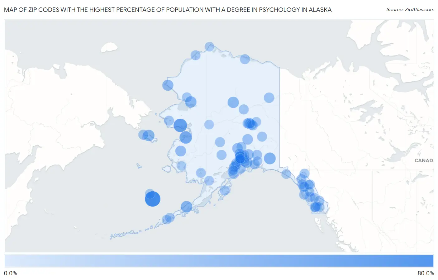 Zip Codes with the Highest Percentage of Population with a Degree in Psychology in Alaska Map