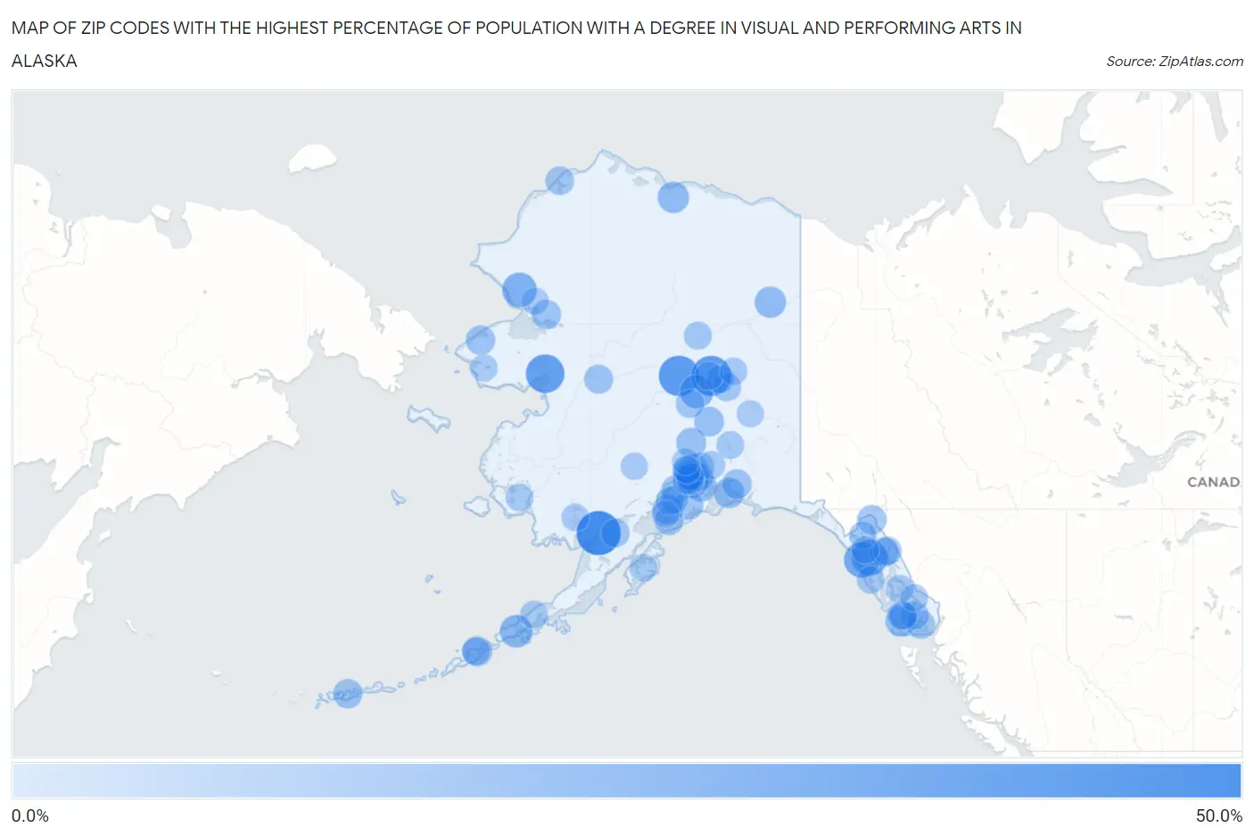 Zip Codes with the Highest Percentage of Population with a Degree in Visual and Performing Arts in Alaska Map