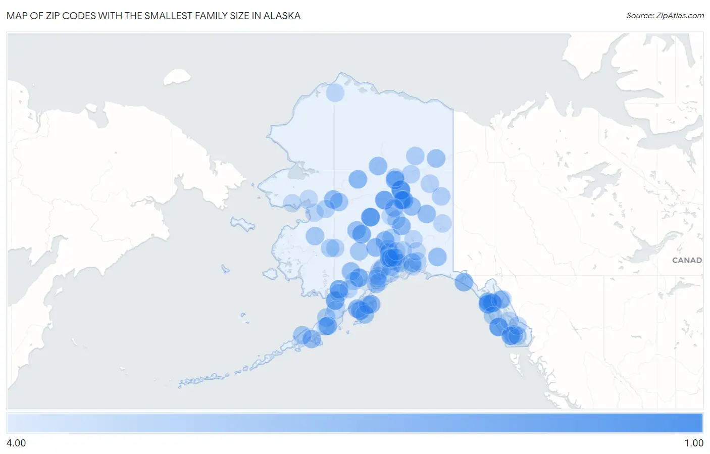 Zip Codes with the Smallest Family Size in Alaska Map