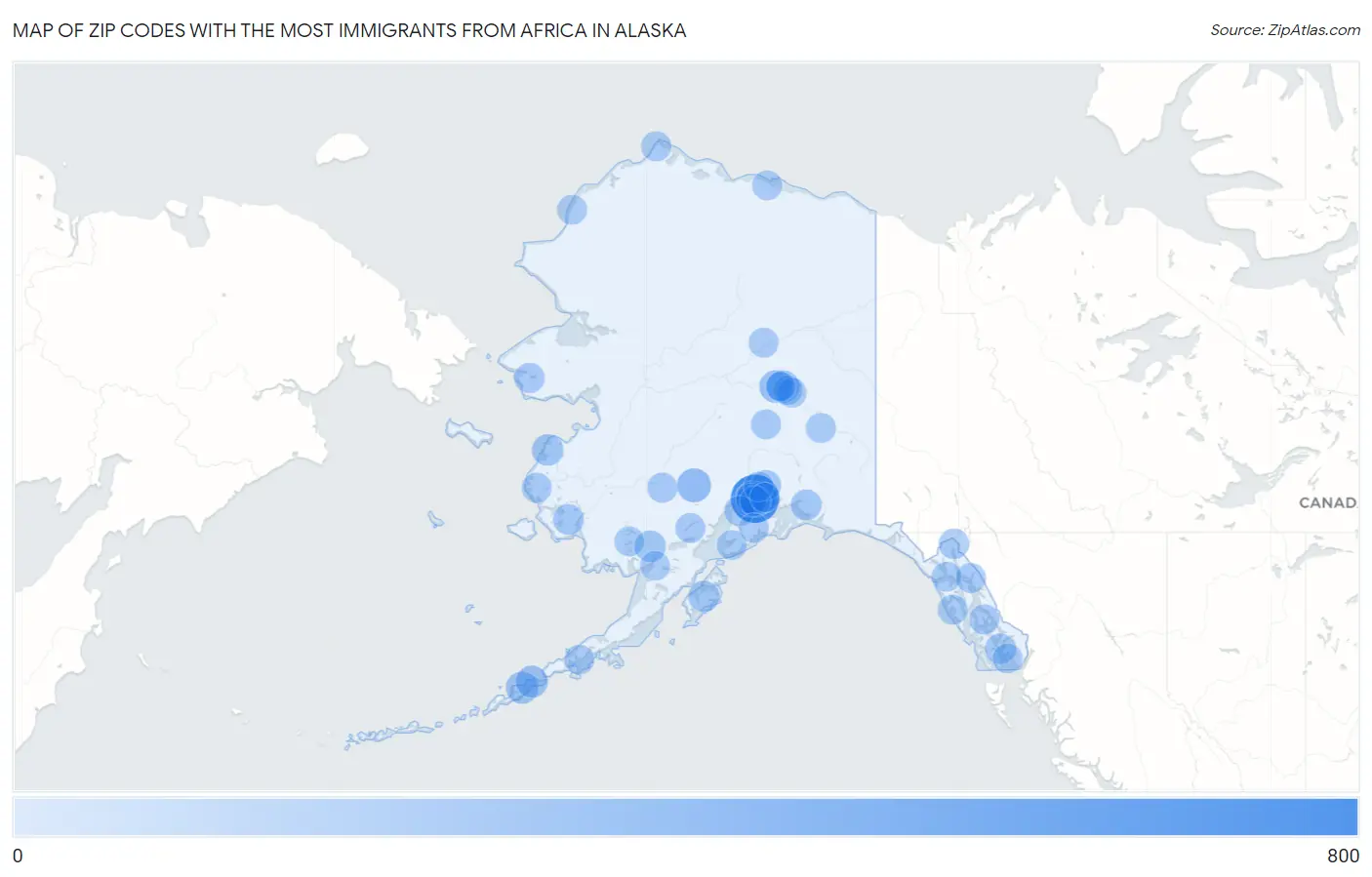 Zip Codes with the Most Immigrants from Africa in Alaska Map