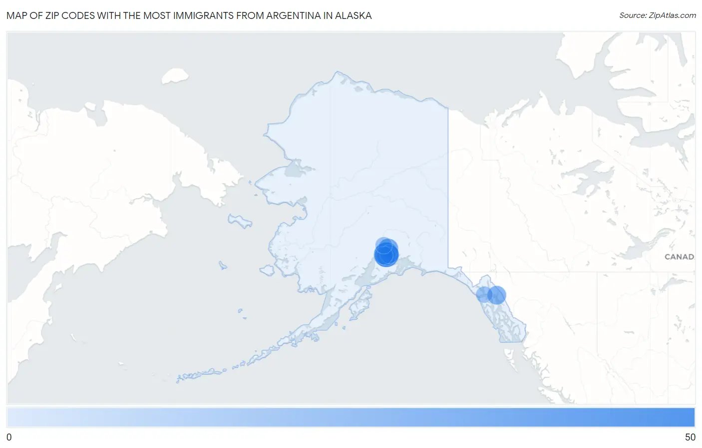 Zip Codes with the Most Immigrants from Argentina in Alaska Map