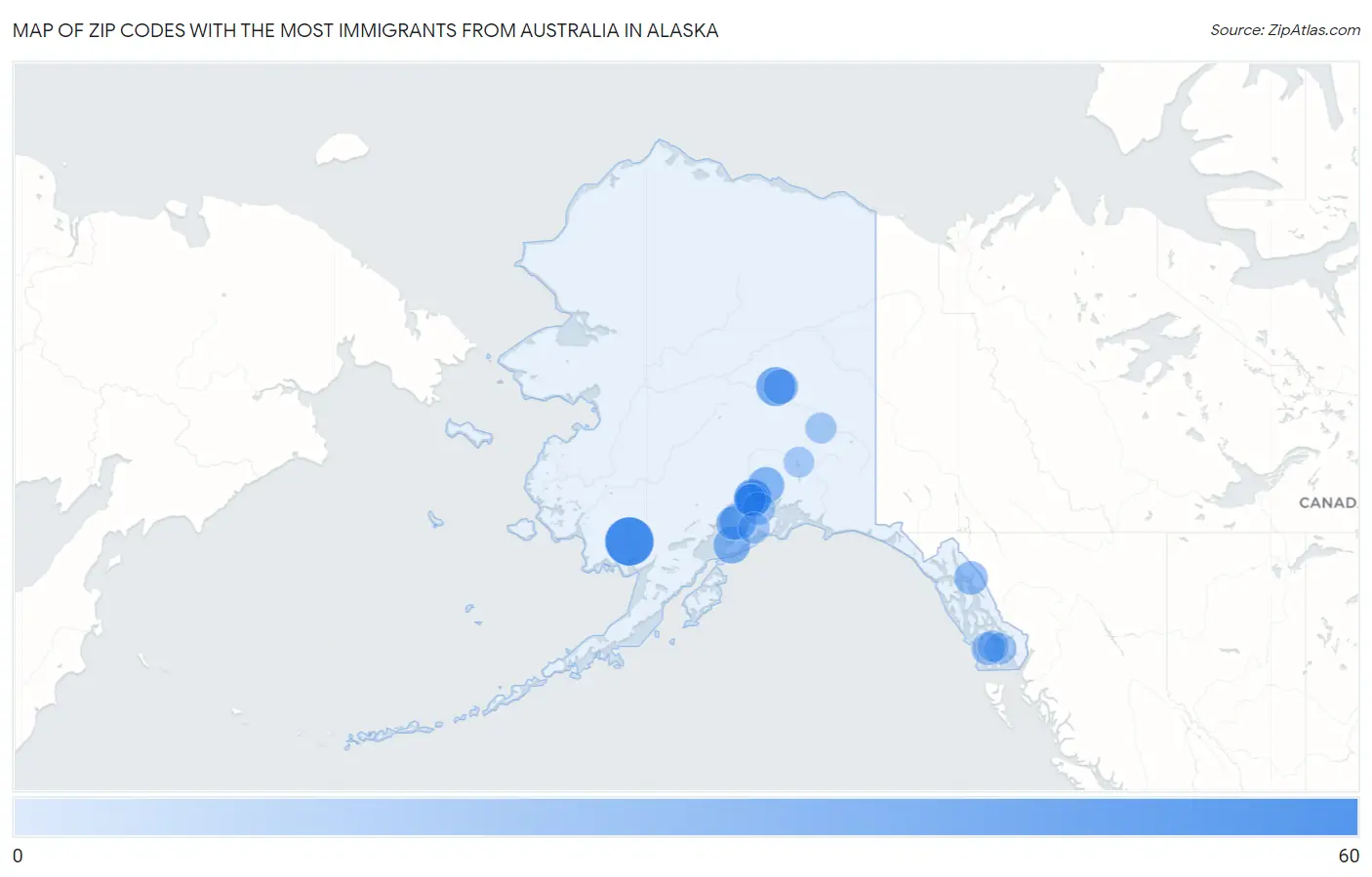 Zip Codes with the Most Immigrants from Australia in Alaska Map