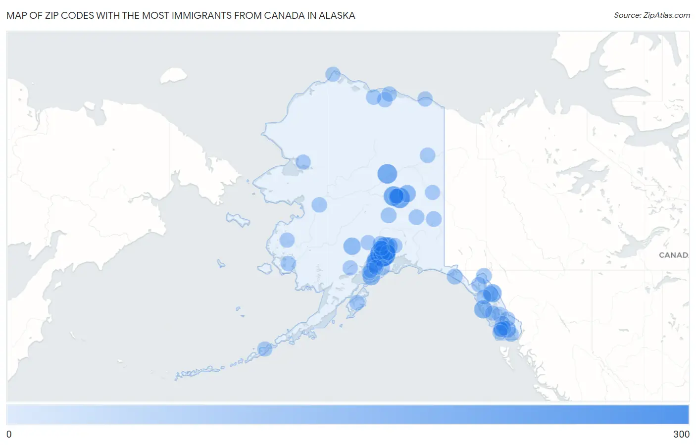 Zip Codes with the Most Immigrants from Canada in Alaska Map