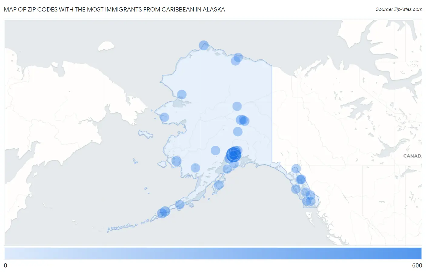 Zip Codes with the Most Immigrants from Caribbean in Alaska Map