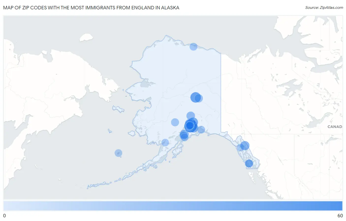Zip Codes with the Most Immigrants from England in Alaska Map