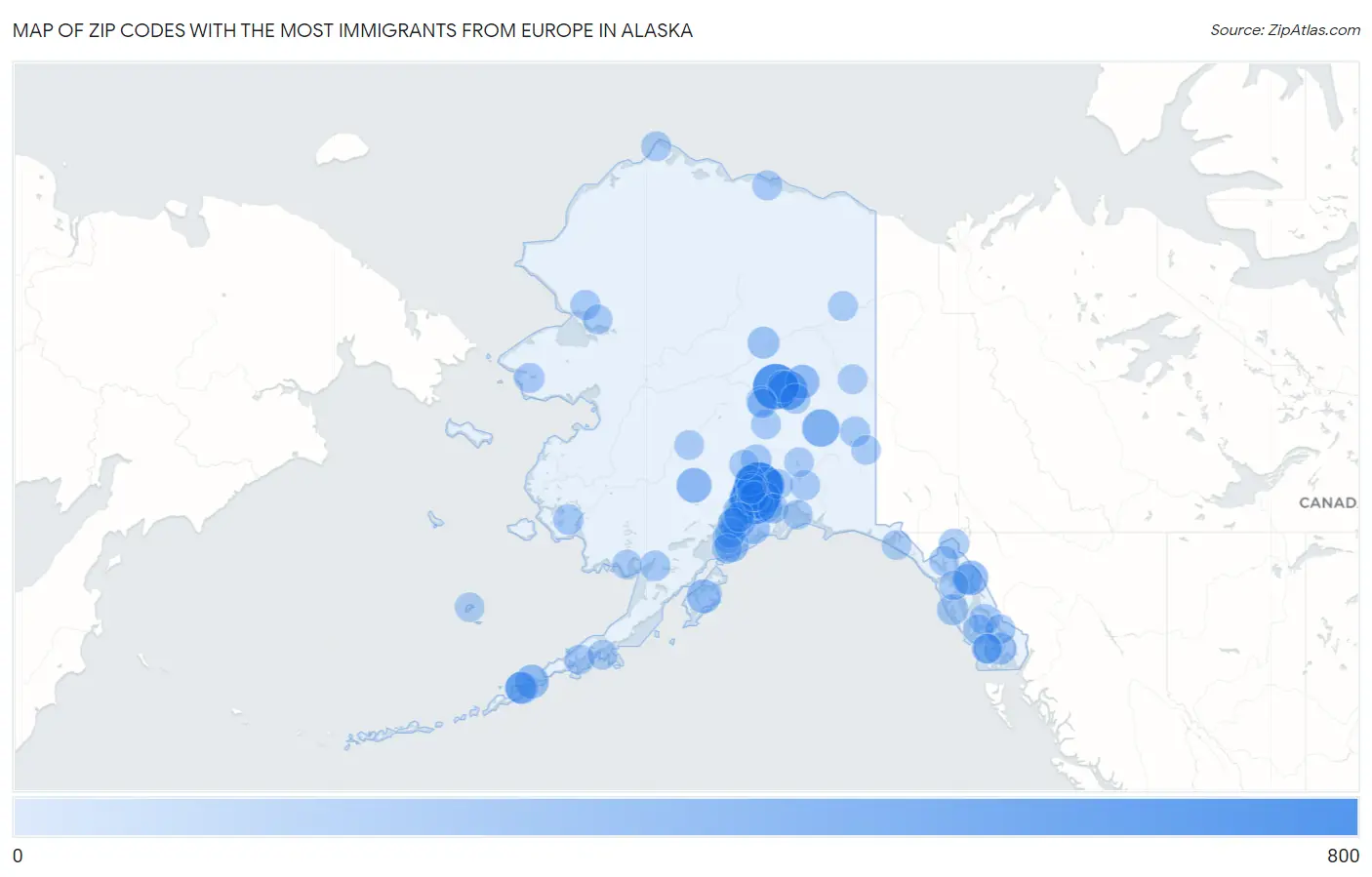 Zip Codes with the Most Immigrants from Europe in Alaska Map
