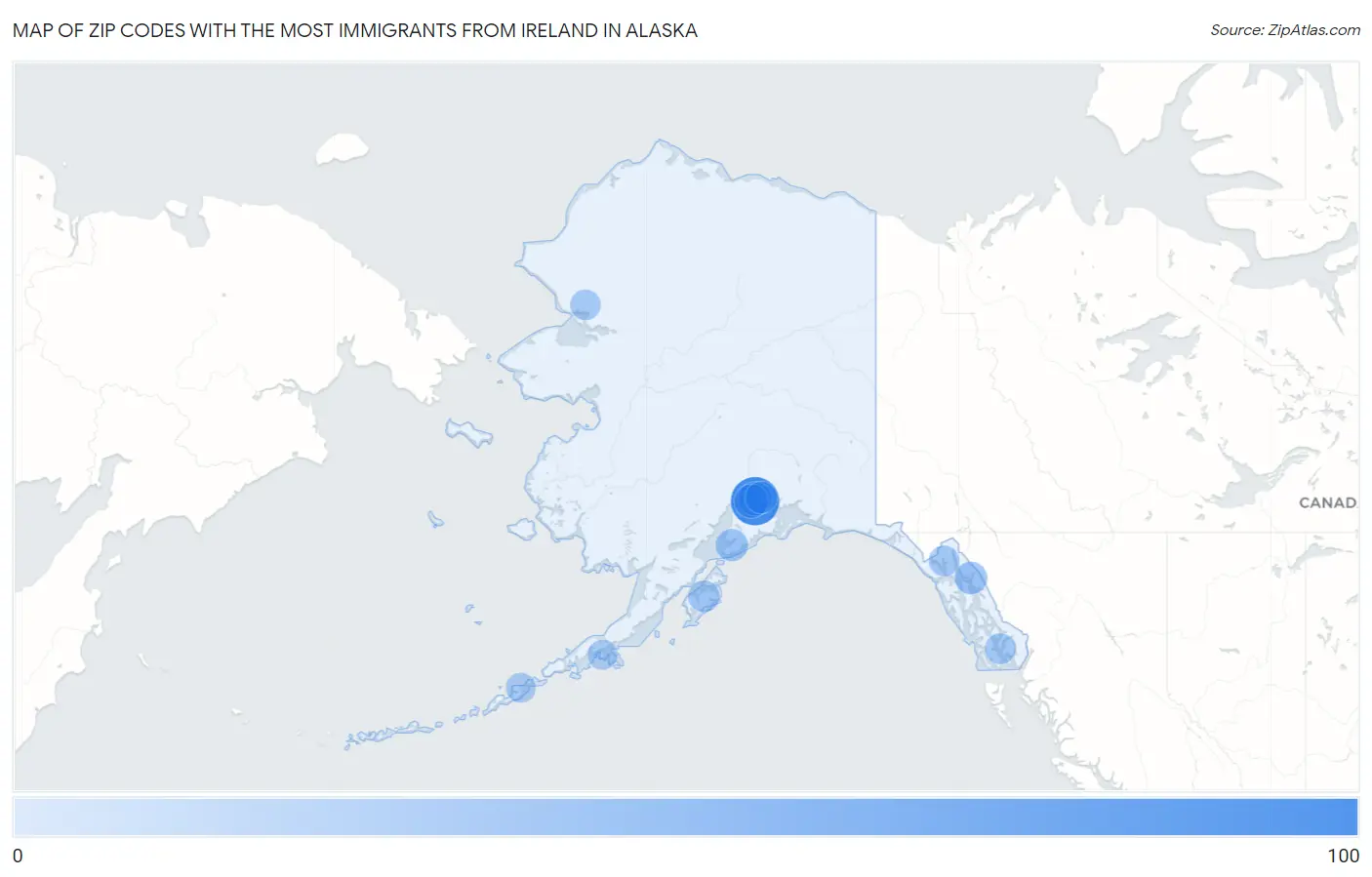 Zip Codes with the Most Immigrants from Ireland in Alaska Map