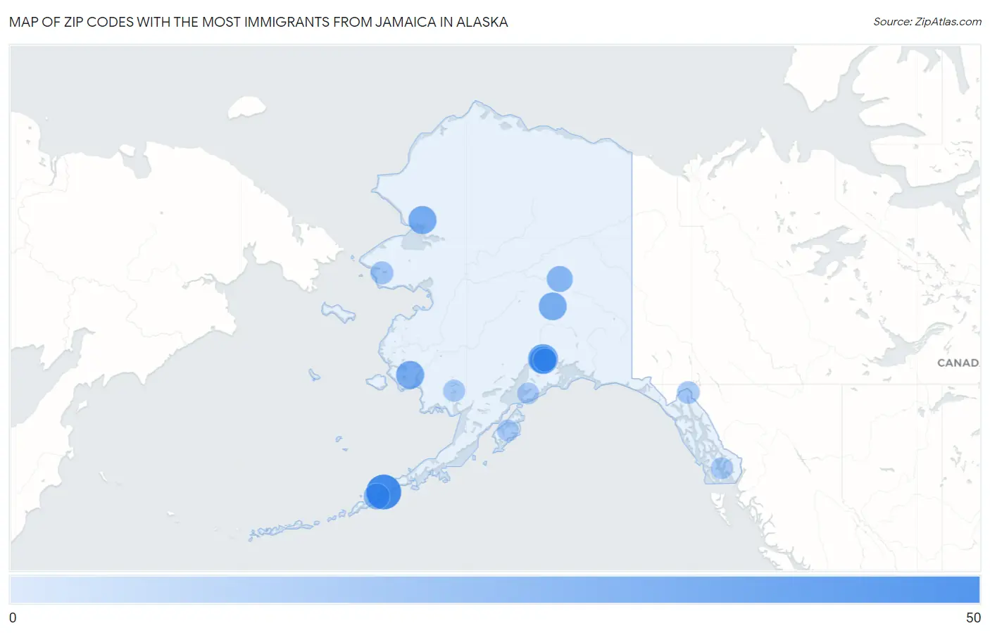 Zip Codes with the Most Immigrants from Jamaica in Alaska Map