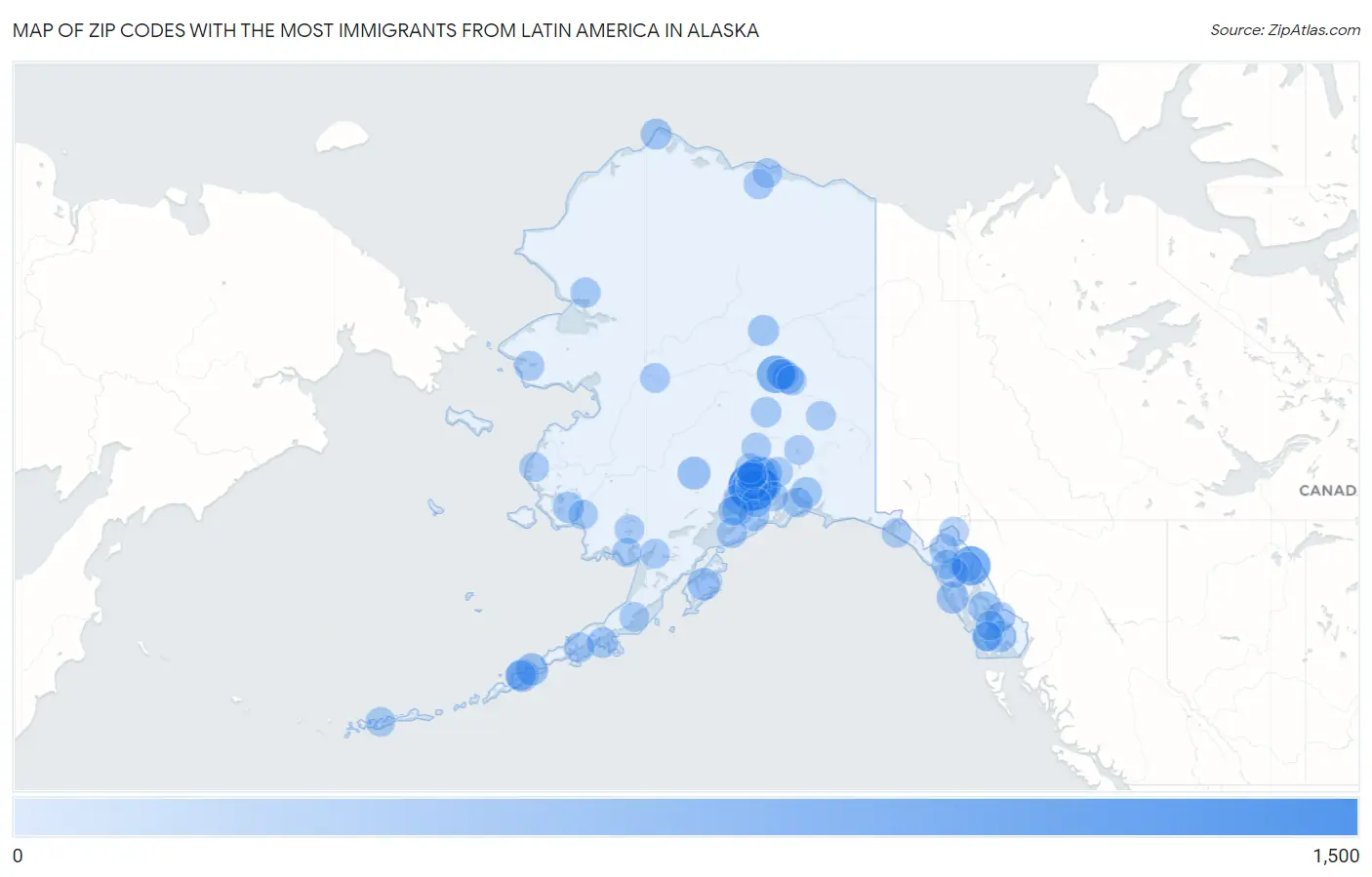 Zip Codes with the Most Immigrants from Latin America in Alaska Map
