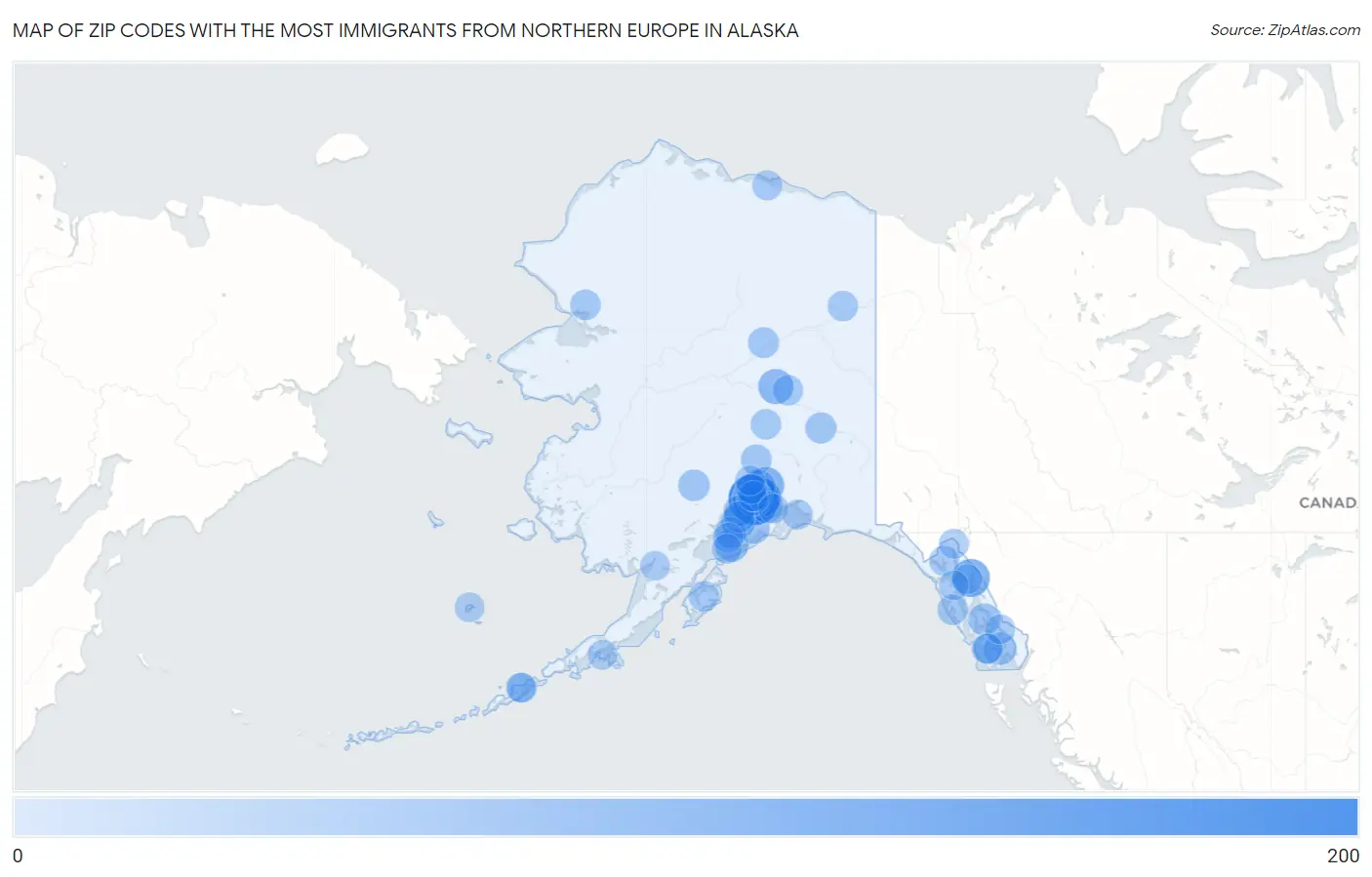 Zip Codes with the Most Immigrants from Northern Europe in Alaska Map