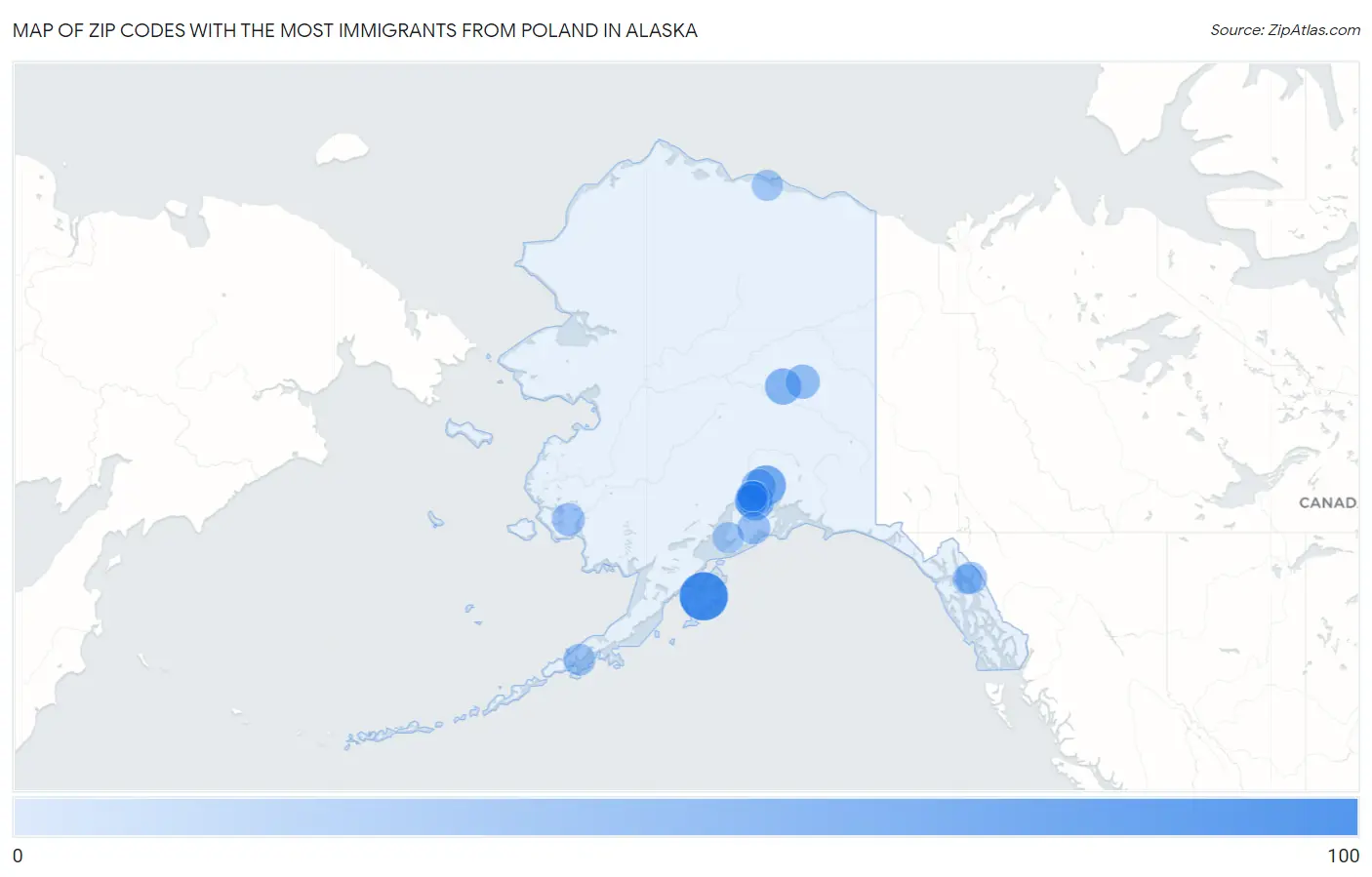 Zip Codes with the Most Immigrants from Poland in Alaska Map