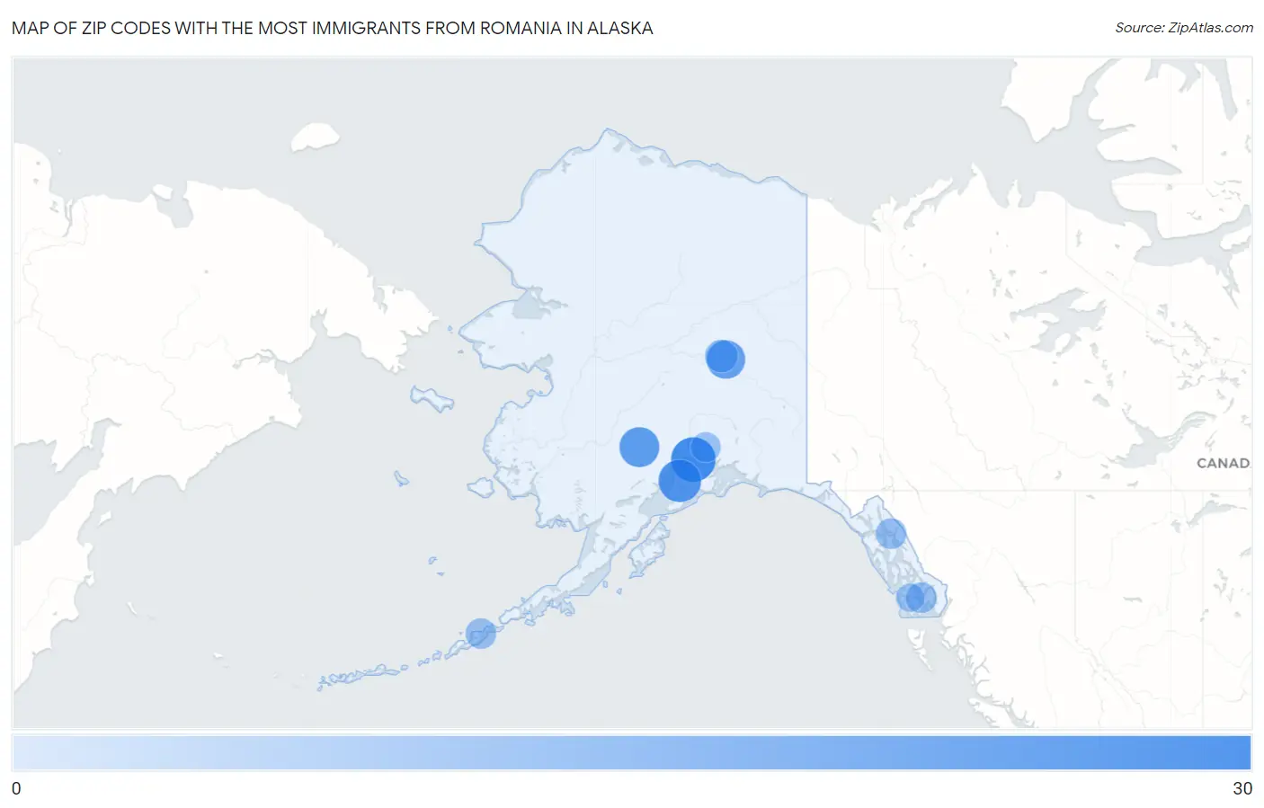 Zip Codes with the Most Immigrants from Romania in Alaska Map