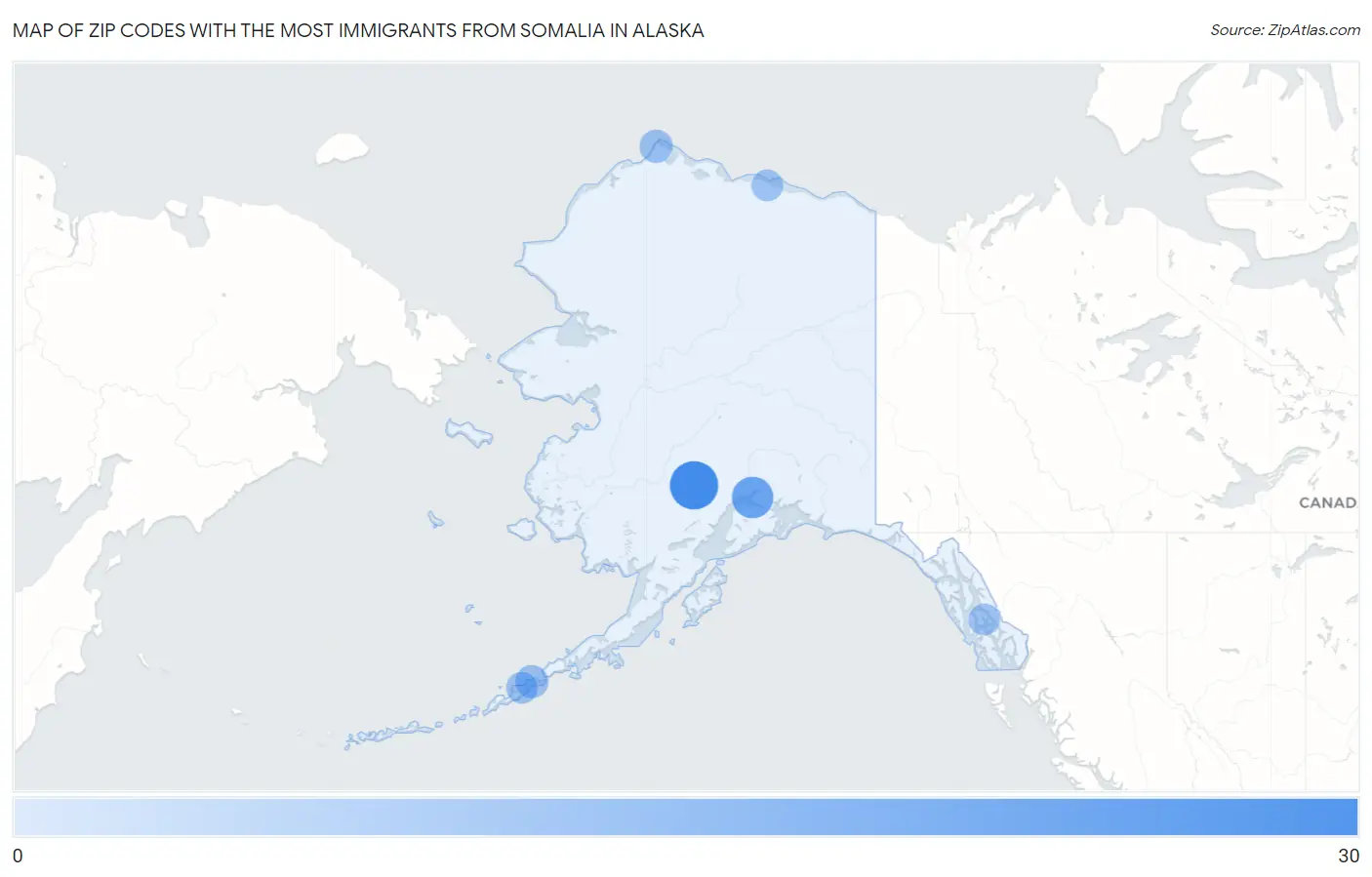 Zip Codes with the Most Immigrants from Somalia in Alaska Map