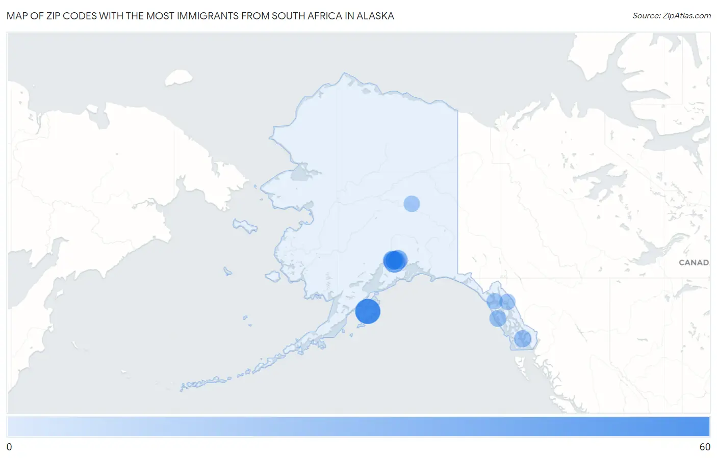 Zip Codes with the Most Immigrants from South Africa in Alaska Map