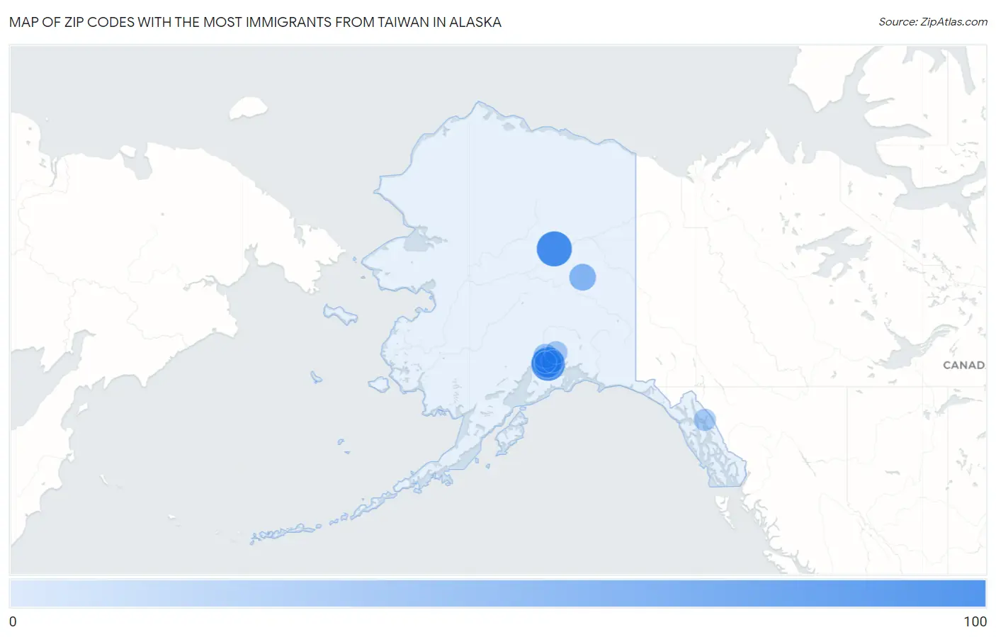 Zip Codes with the Most Immigrants from Taiwan in Alaska Map