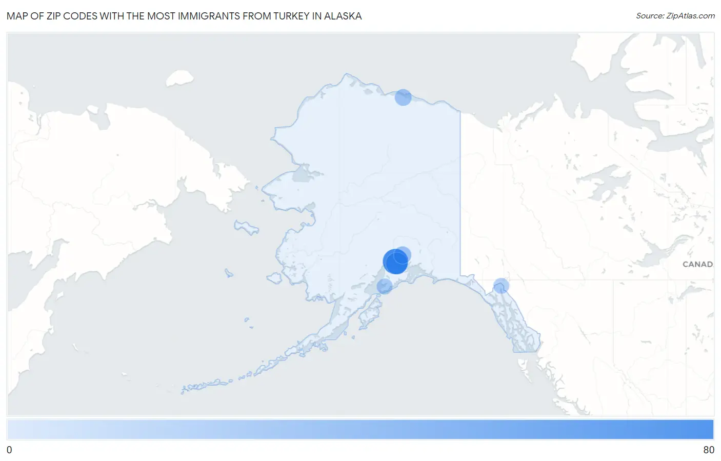 Zip Codes with the Most Immigrants from Turkey in Alaska Map