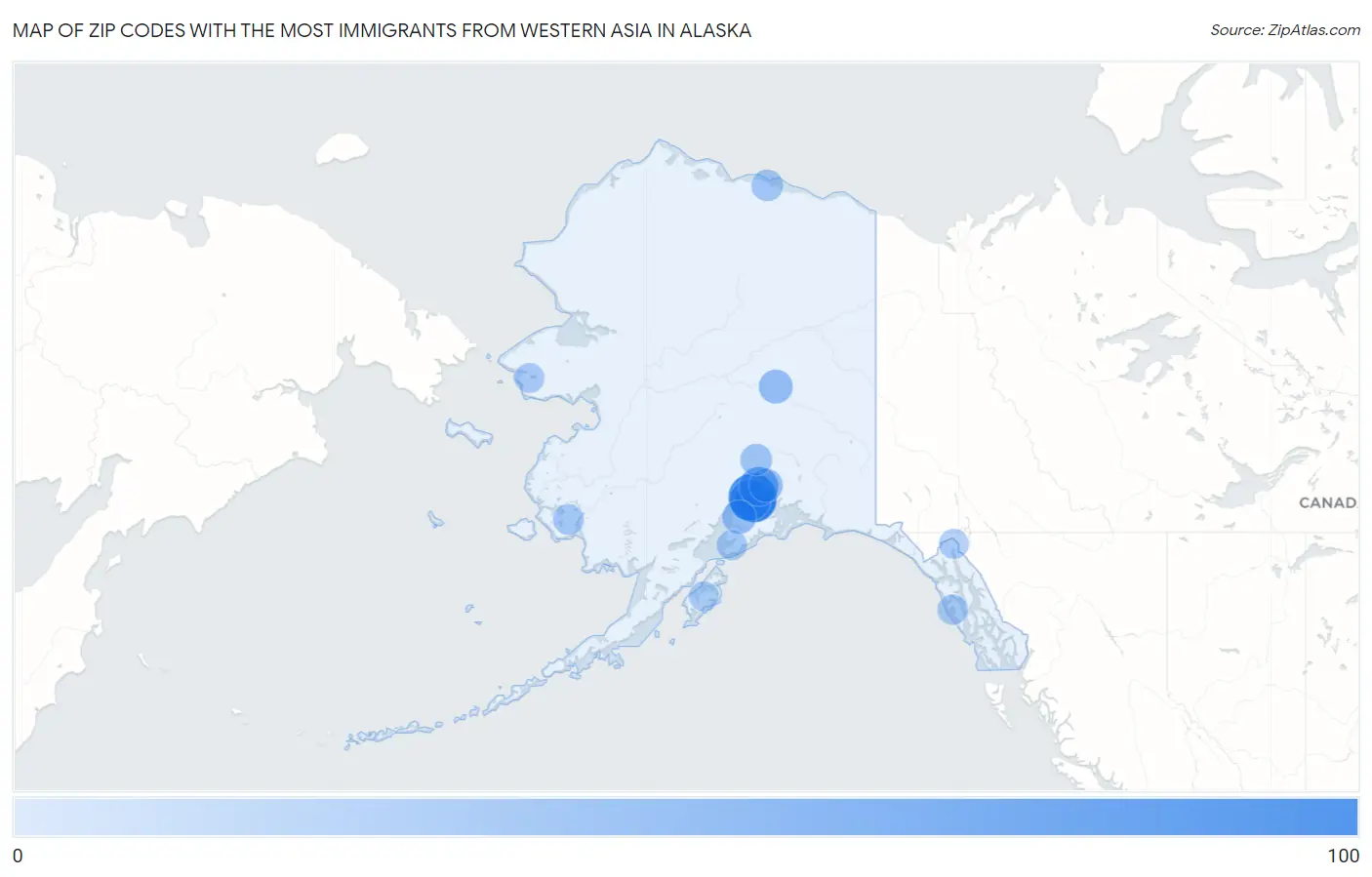 Zip Codes with the Most Immigrants from Western Asia in Alaska Map