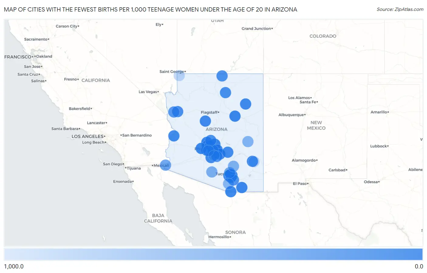 Cities with the Fewest Births per 1,000 Teenage Women Under the Age of 20 in Arizona Map