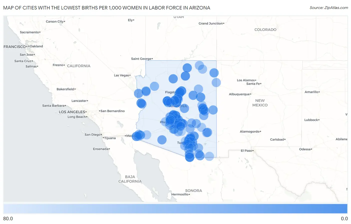 Cities with the Lowest Births per 1,000 Women in Labor Force in Arizona Map