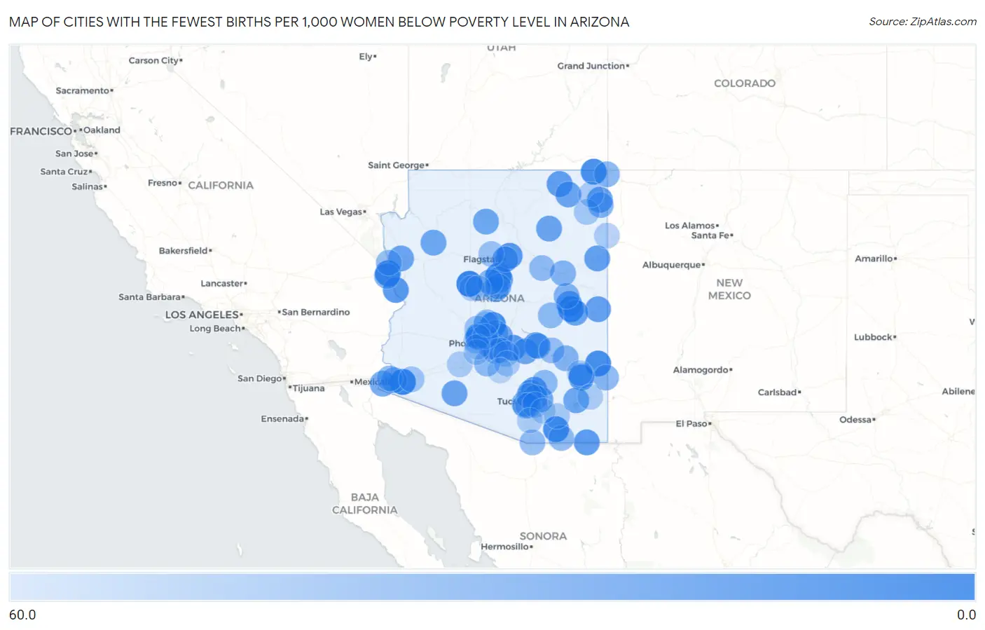 Cities with the Fewest Births per 1,000 Women Below Poverty Level in Arizona Map