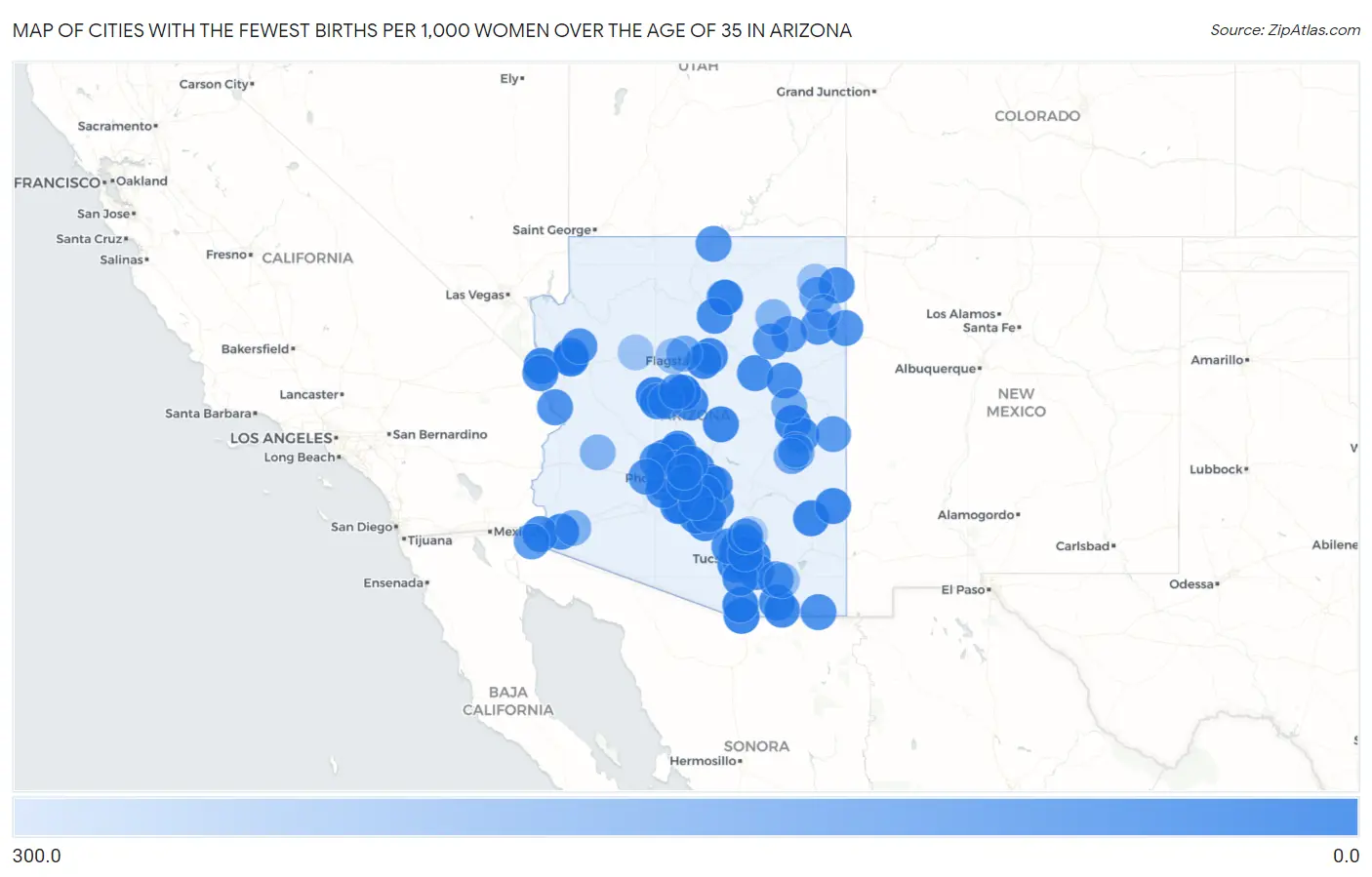 Cities with the Fewest Births per 1,000 Women Over the Age of 35 in Arizona Map