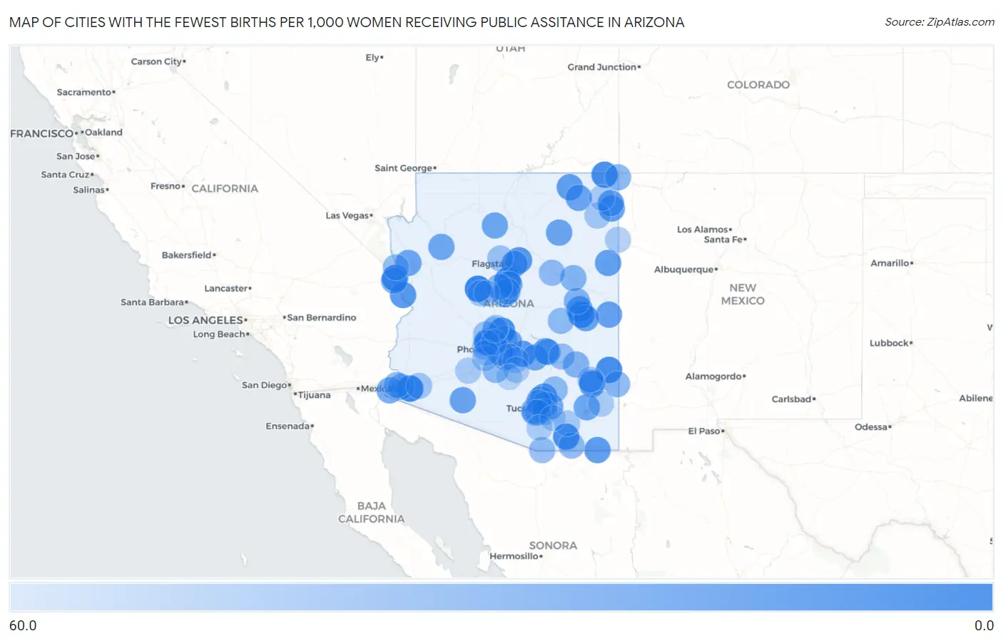 Cities with the Fewest Births per 1,000 Women Receiving Public Assitance in Arizona Map