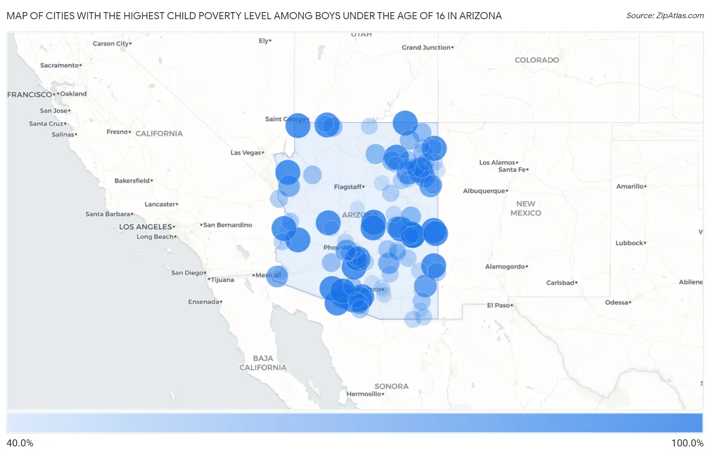 Cities with the Highest Child Poverty Level Among Boys Under the Age of 16 in Arizona Map