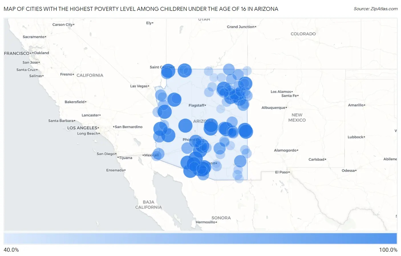 Cities with the Highest Poverty Level Among Children Under the Age of 16 in Arizona Map