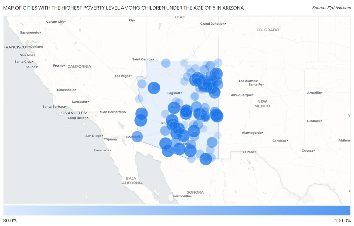 Cities with the Highest Poverty Level Among Children Under the Age of 5 in Arizona Map