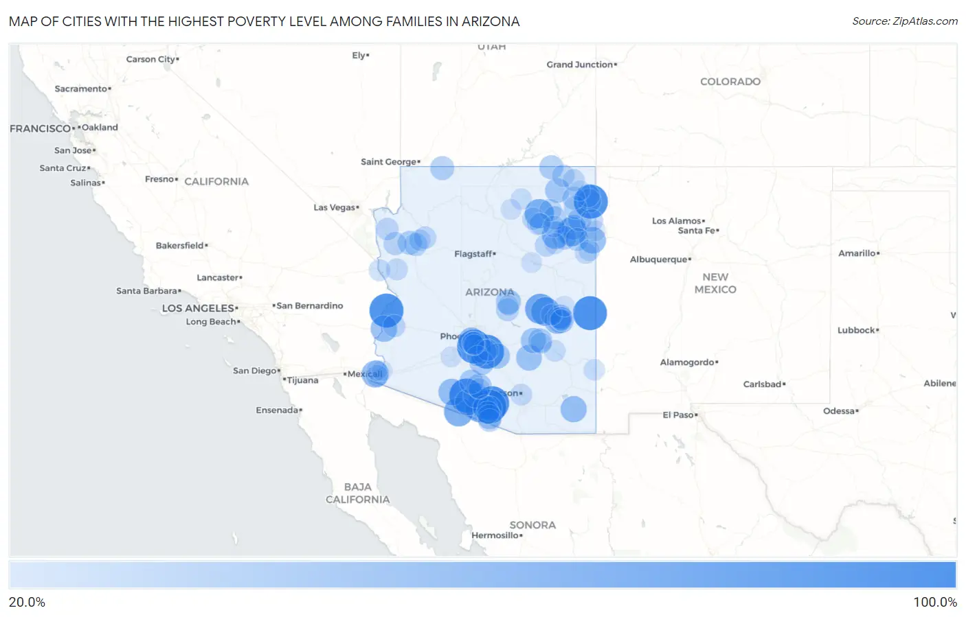 Cities with the Highest Poverty Level Among Families in Arizona Map