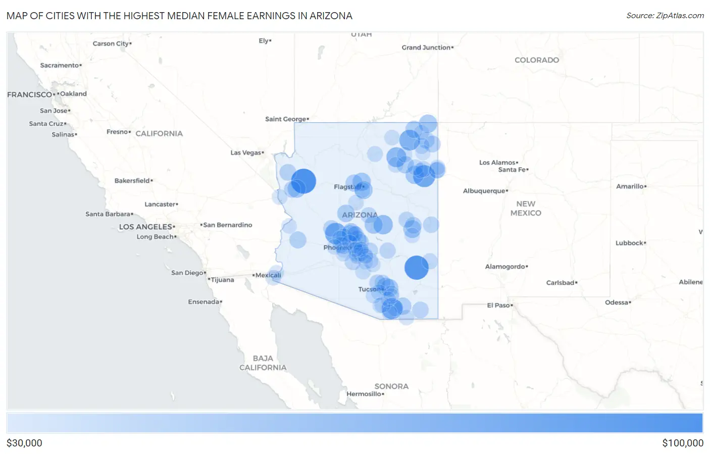 Cities with the Highest Median Female Earnings in Arizona Map