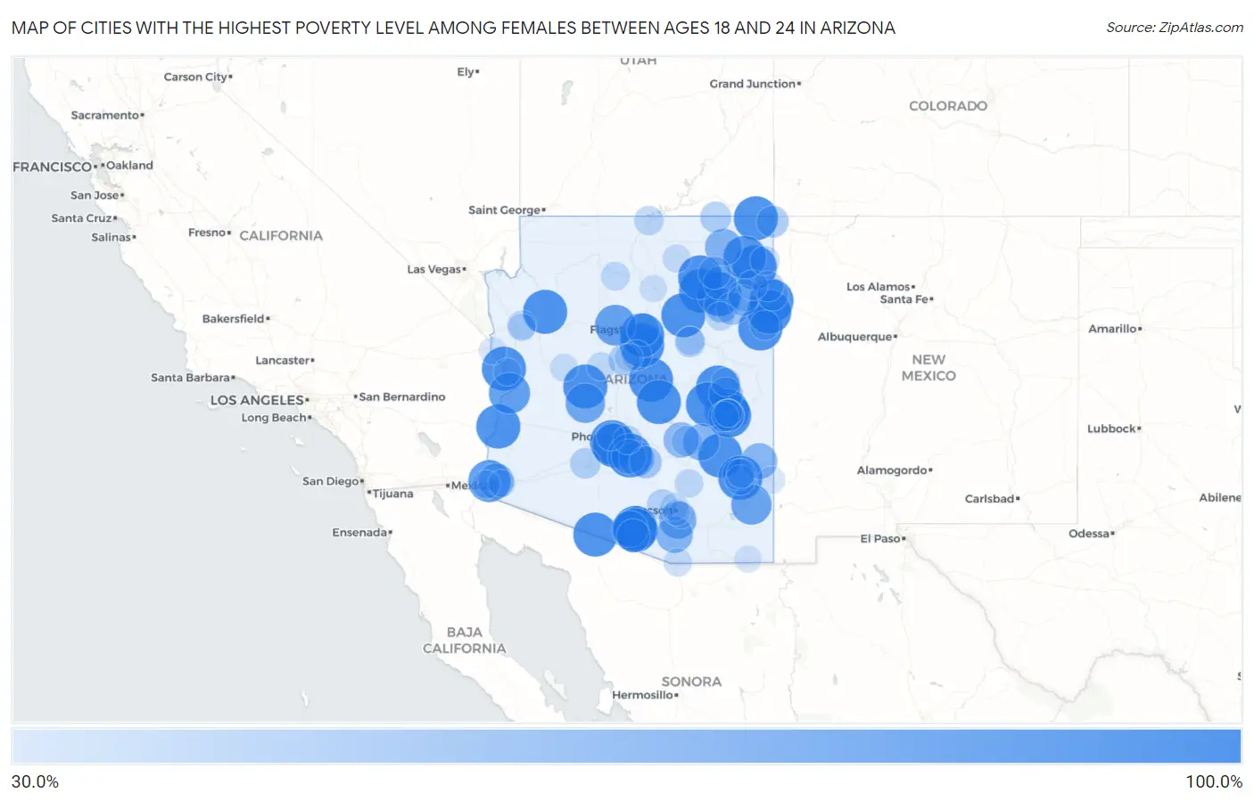 Cities with the Highest Poverty Level Among Females Between Ages 18 and 24 in Arizona Map