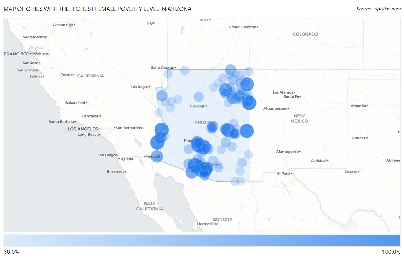 Cities with the Highest Female Poverty Level in Arizona Map