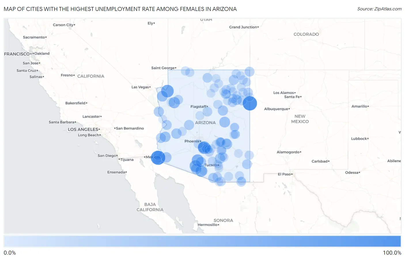 Cities with the Highest Unemployment Rate Among Females in Arizona Map