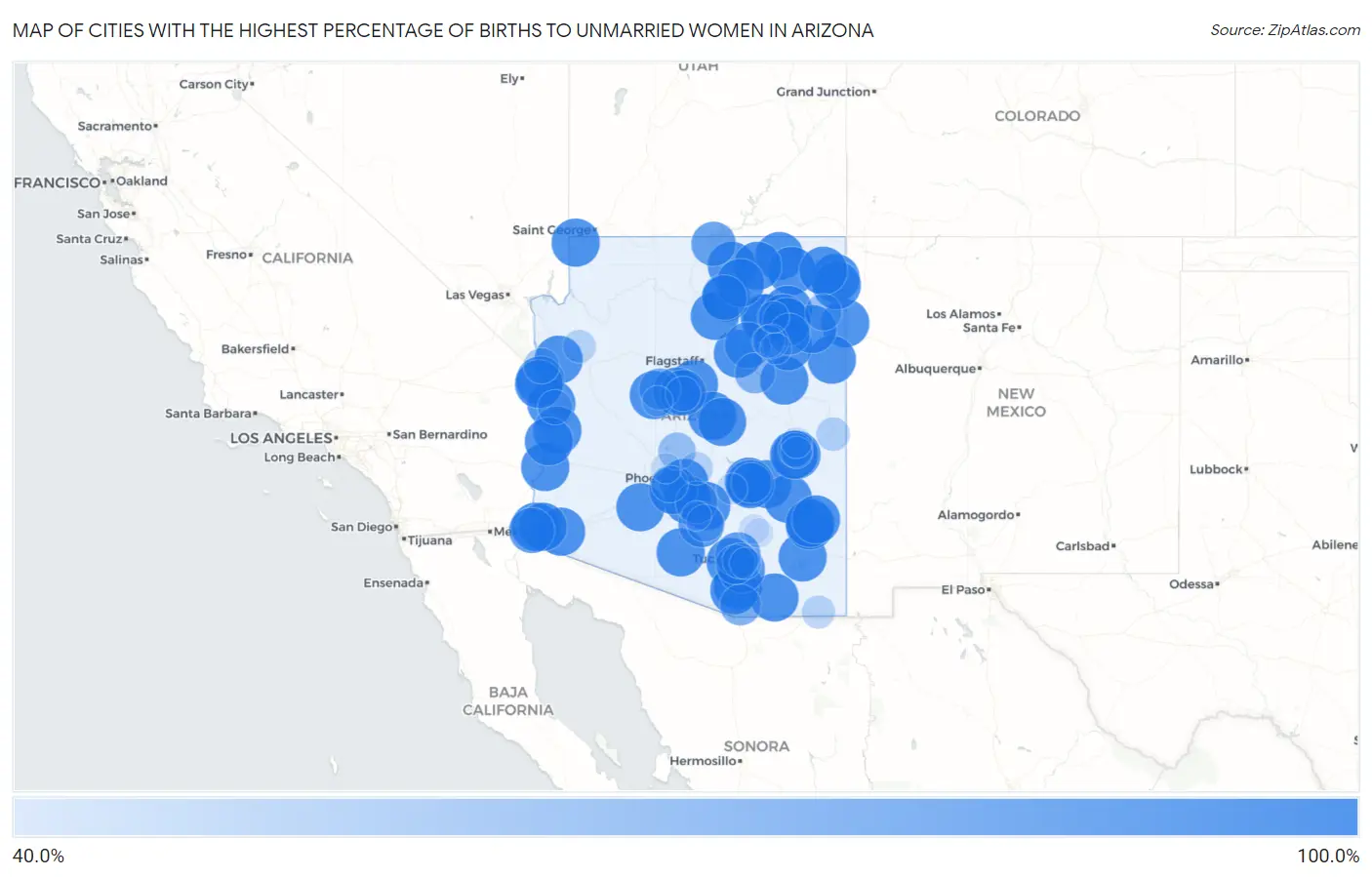 Cities with the Highest Percentage of Births to Unmarried Women in Arizona Map
