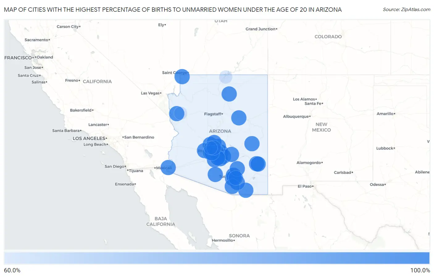 Cities with the Highest Percentage of Births to Unmarried Women under the Age of 20 in Arizona Map