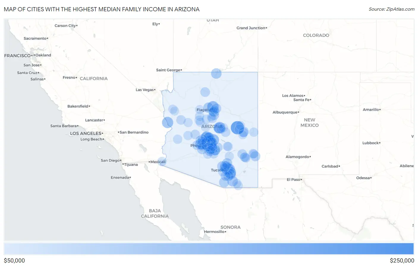Cities with the Highest Median Family Income in Arizona Map