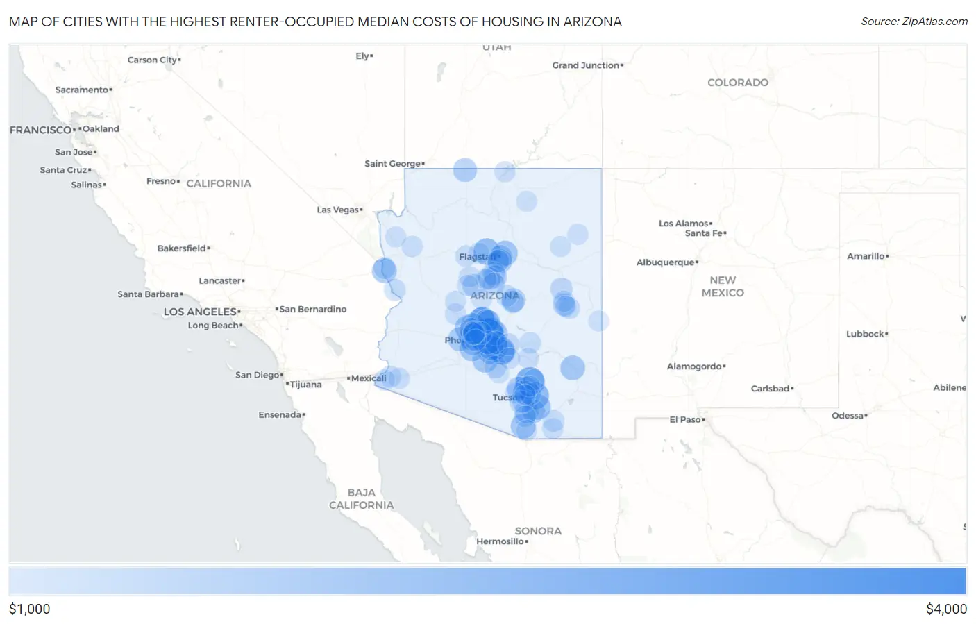 Cities with the Highest Renter-Occupied Median Costs of Housing in Arizona Map