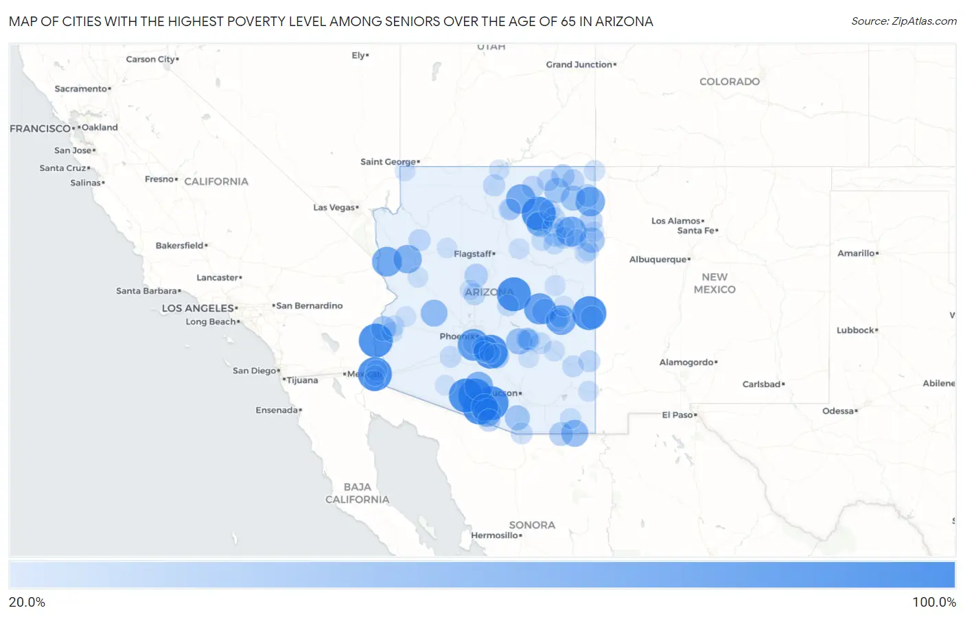 Cities with the Highest Poverty Level Among Seniors Over the Age of 65 in Arizona Map