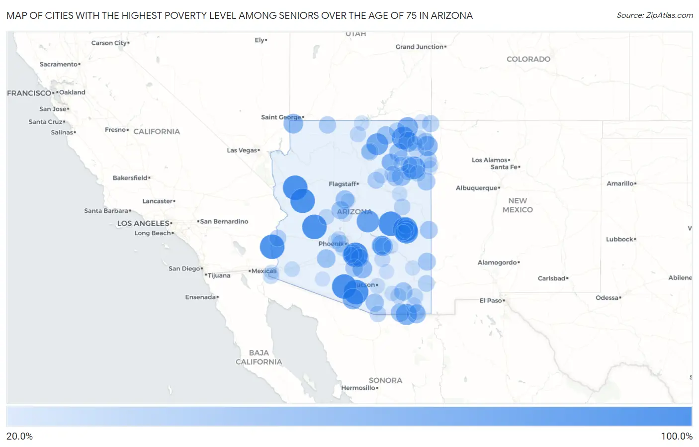 Cities with the Highest Poverty Level Among Seniors Over the Age of 75 in Arizona Map