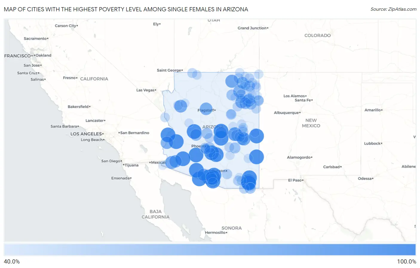 Cities with the Highest Poverty Level Among Single Females in Arizona Map