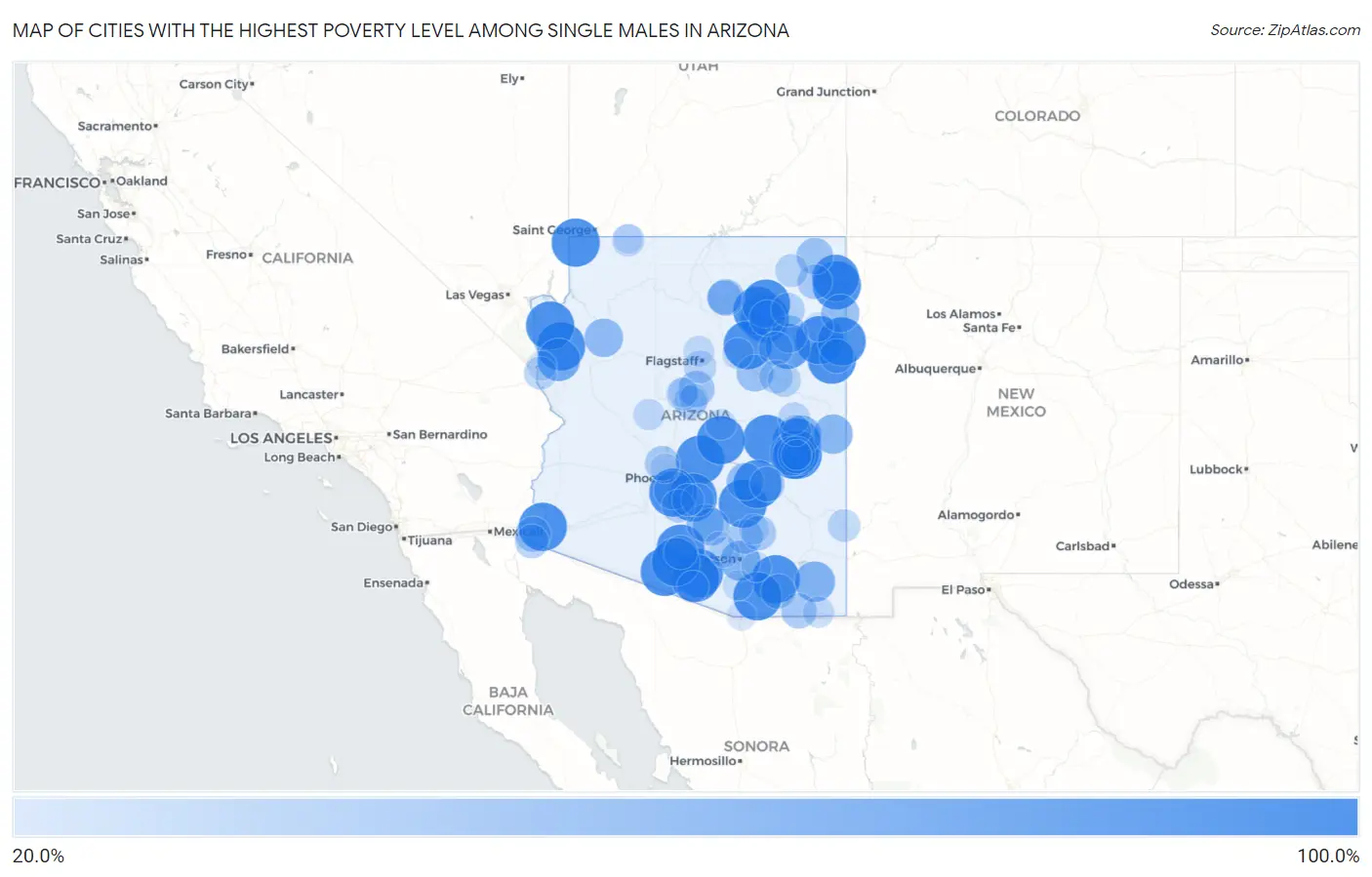 Cities with the Highest Poverty Level Among Single Males in Arizona Map