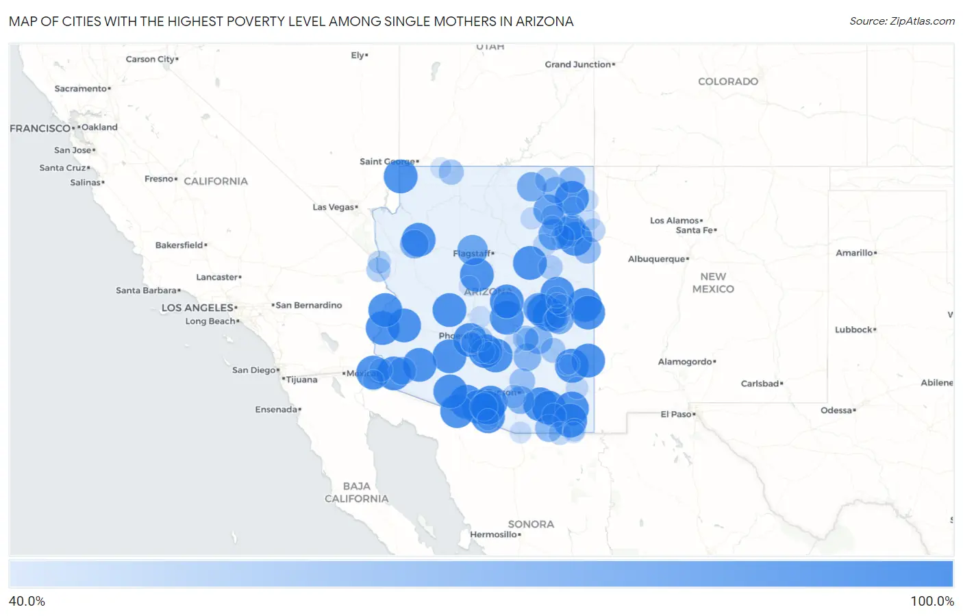 Cities with the Highest Poverty Level Among Single Mothers in Arizona Map