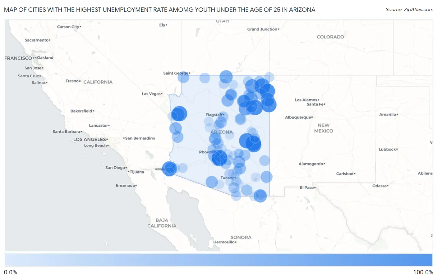 Cities with the Highest Unemployment Rate Amomg Youth Under the Age of 25 in Arizona Map