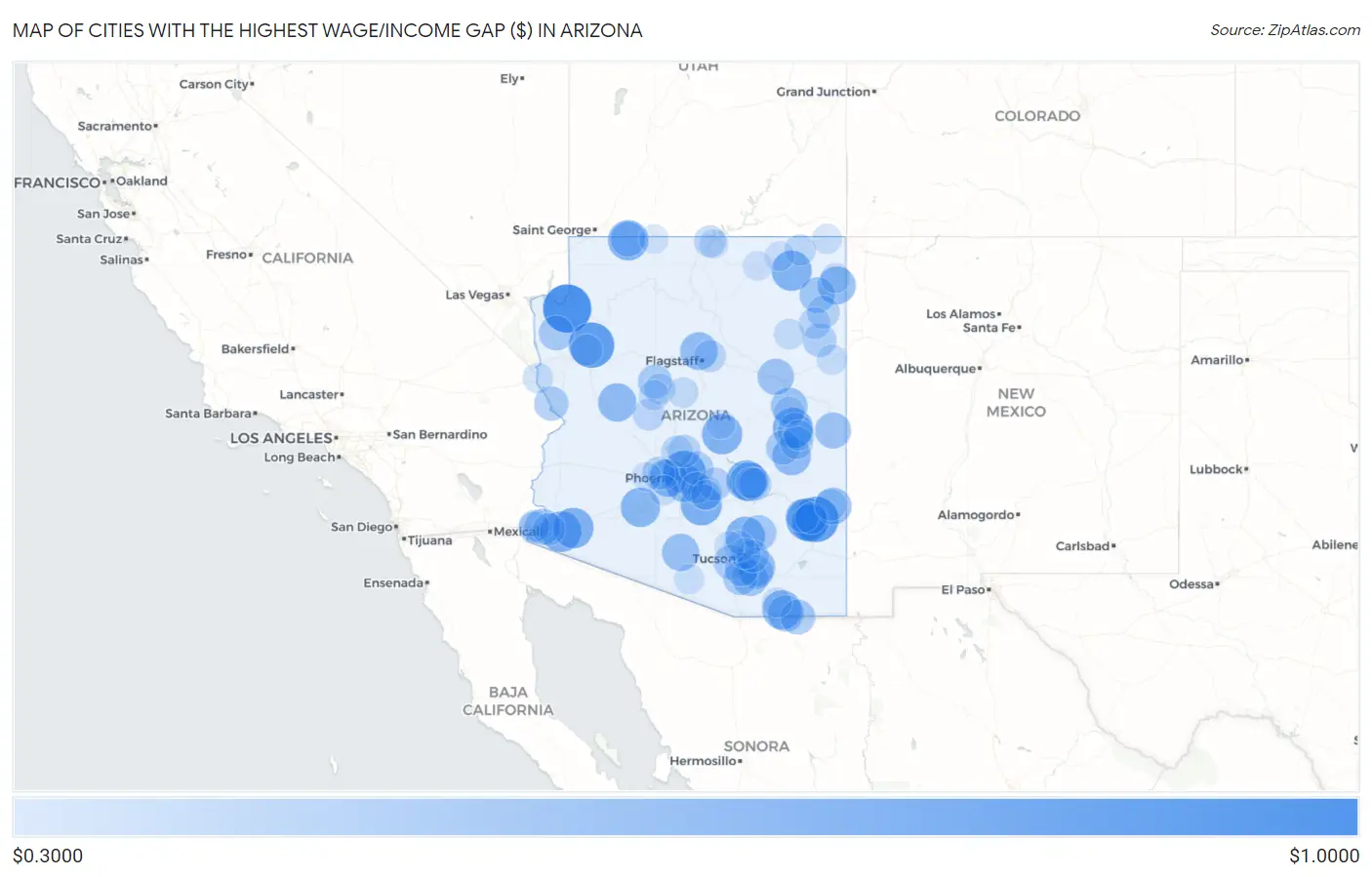 Cities with the Highest Wage/Income Gap ($) in Arizona Map